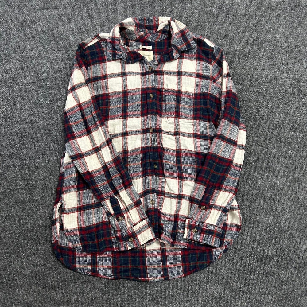 American Eagle Flannel Shirt Womens S Navy Red White Plaid Boyfriend Fit Soft